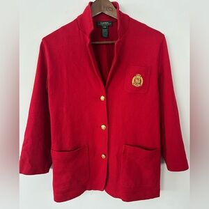 Lauren Ralph Lauren | Red Cotton Knit Blazer Jacket | Crest Button Cardigan | PM